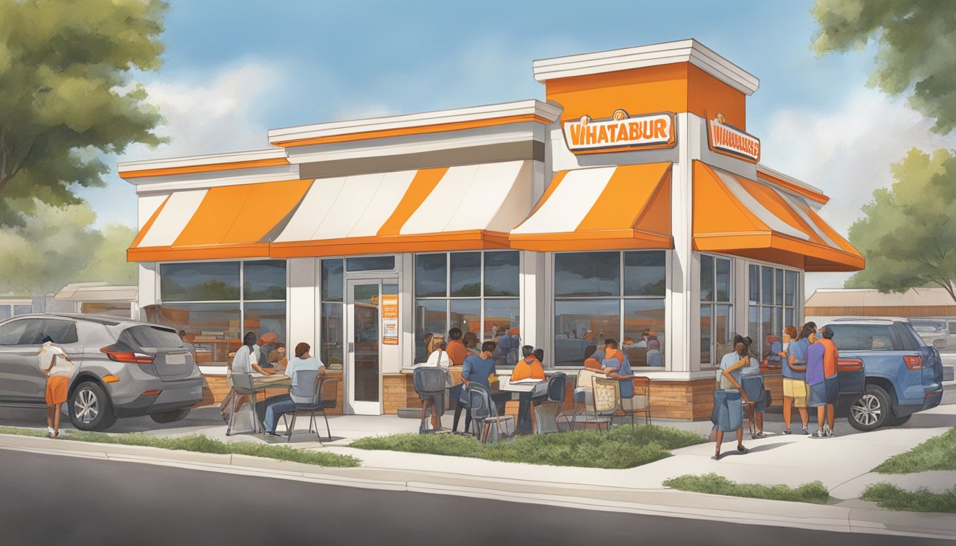 The Whataburger in Greenville, TX is bustling with customers and staff during a busy lunch rush. The drive-thru line extends around the building, while the dining area is filled with people enjoying their meals