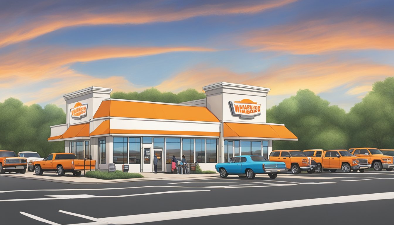 A bustling Whataburger drive-thru in Tyler, TX, with cars lined up and staff serving customers at the window