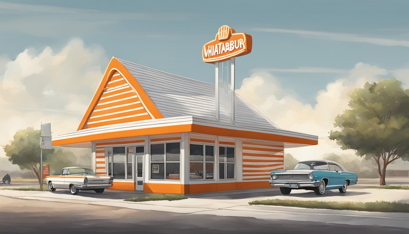 The iconic orange and white striped A-frame building of a Whataburger in Greenville, Texas, with a vintage car parked in front