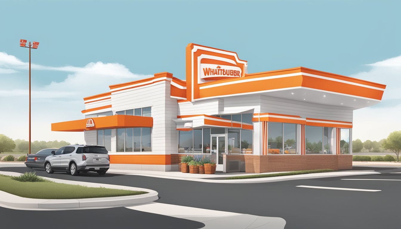 A bustling Whataburger in Greenville, TX with a classic orange and white exterior, drive-thru lanes, and a prominent red and white striped roof