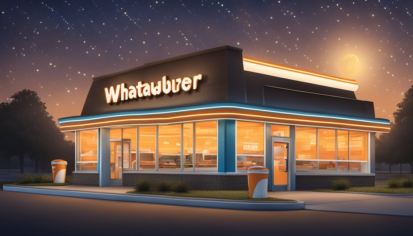 The Whataburger in Tyler, TX is depicted with a glowing sign and illuminated drive-thru, set against a starry night sky