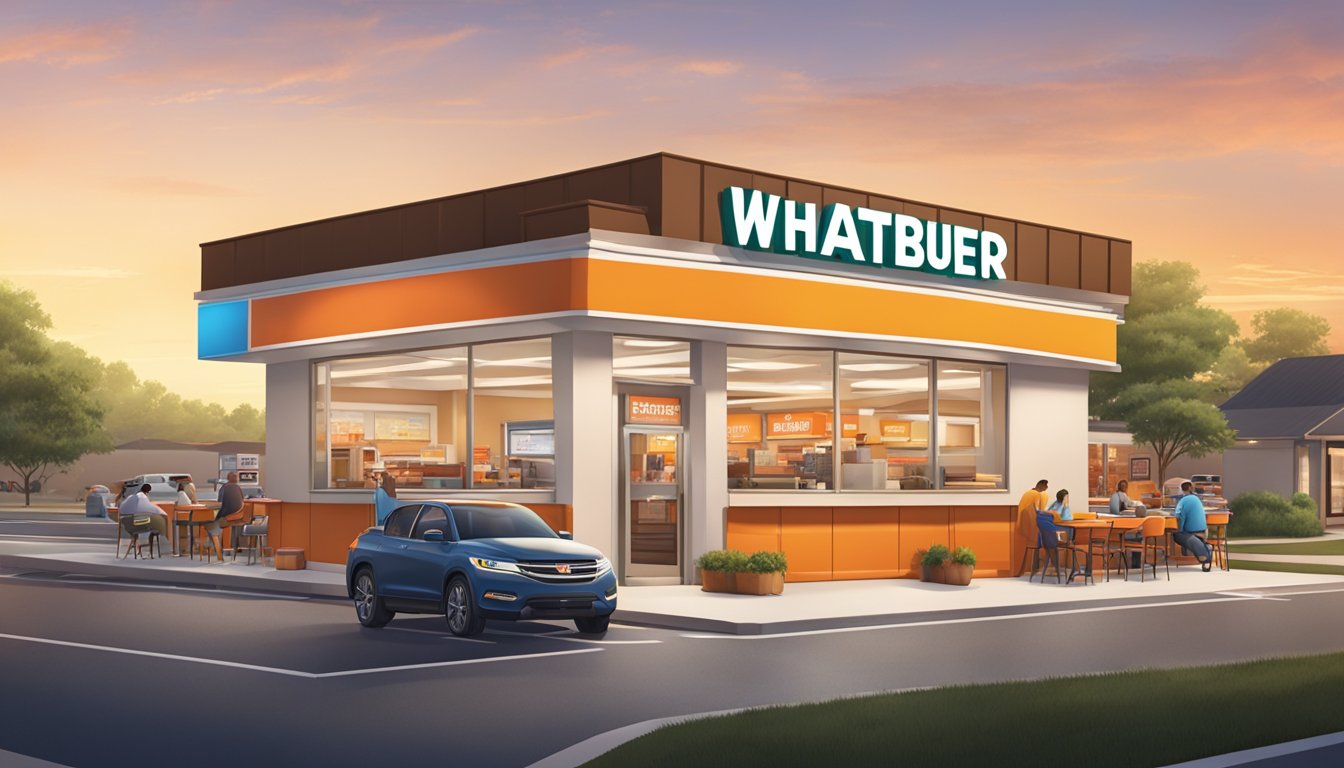 A bustling Whataburger restaurant with a colorful outdoor sign, drive-thru, and busy dining area with tables and chairs