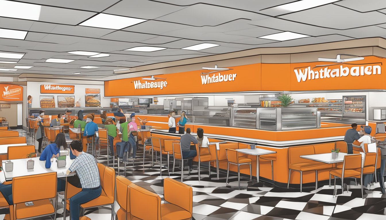 A bustling Whataburger restaurant in Tyler, TX with branded merchandise displayed and partnerships logos visible