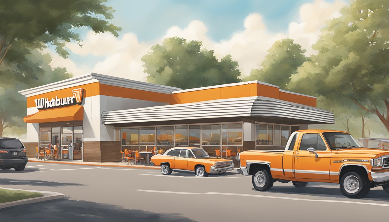 A bustling Whataburger restaurant in Tyler, TX, with a drive-thru, outdoor seating, and a lively atmosphere