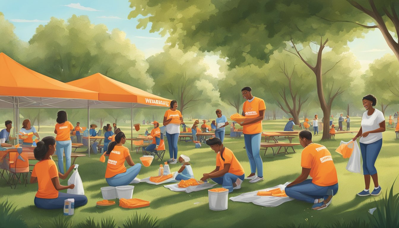 A Whataburger owner organizing a community event, with volunteers cleaning up a park and families enjoying a picnic