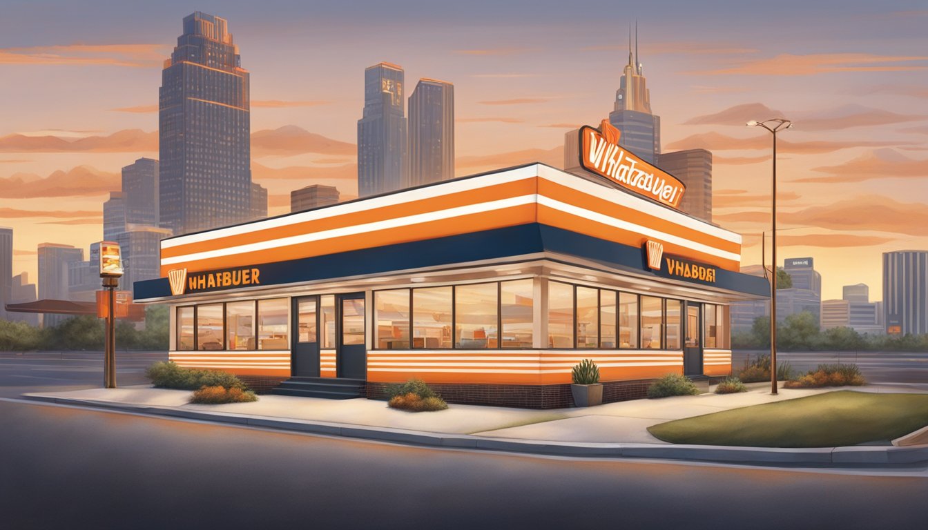 A vintage Whataburger restaurant with iconic orange and white stripes, surrounded by a bustling cityscape