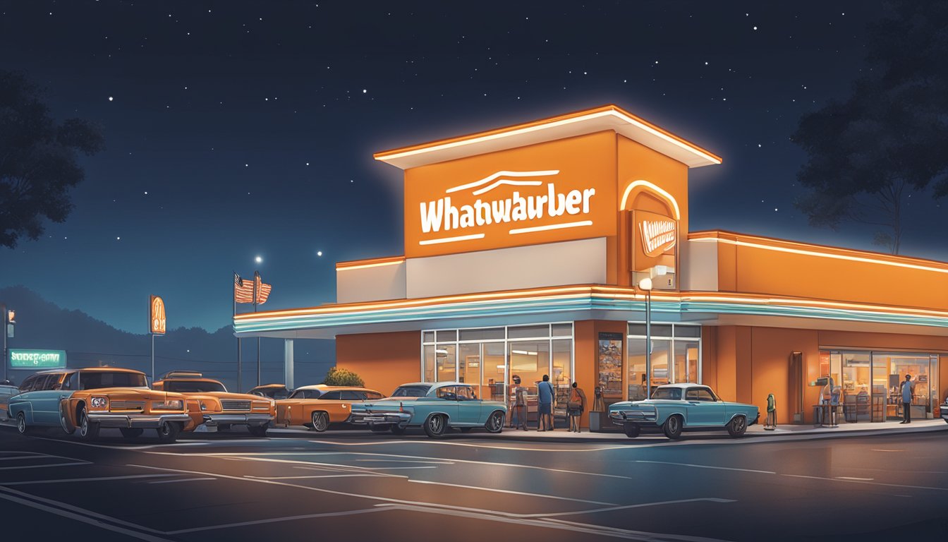 A nighttime scene with a glowing Whataburger sign towering over a bustling parking lot, with cars lined up at the drive-thru and customers dining inside