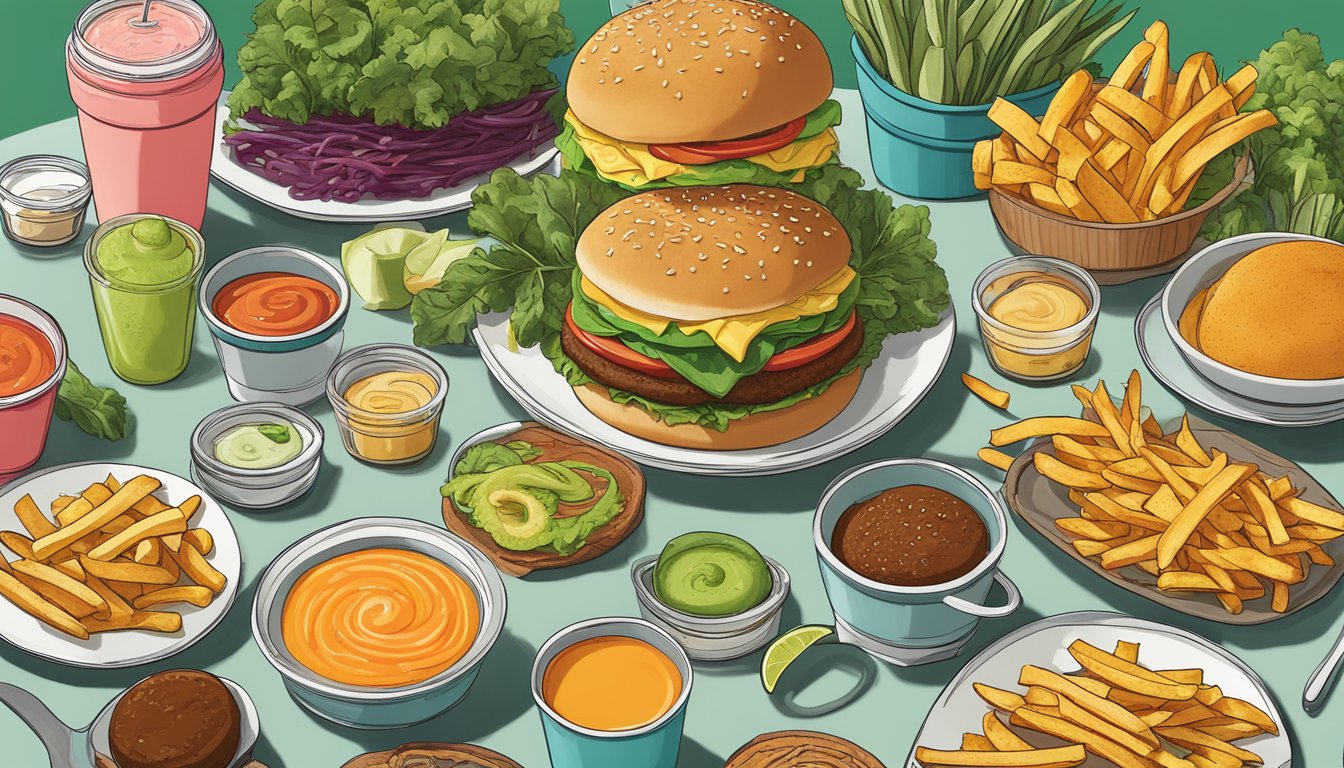 A colorful array of plant-based foods on a table, with a vegan burger and fries from Whataburger as the centerpiece