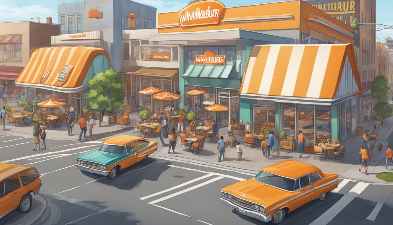 A bustling city street with a prominent Whataburger sign, surrounded by other fast food chains and restaurants