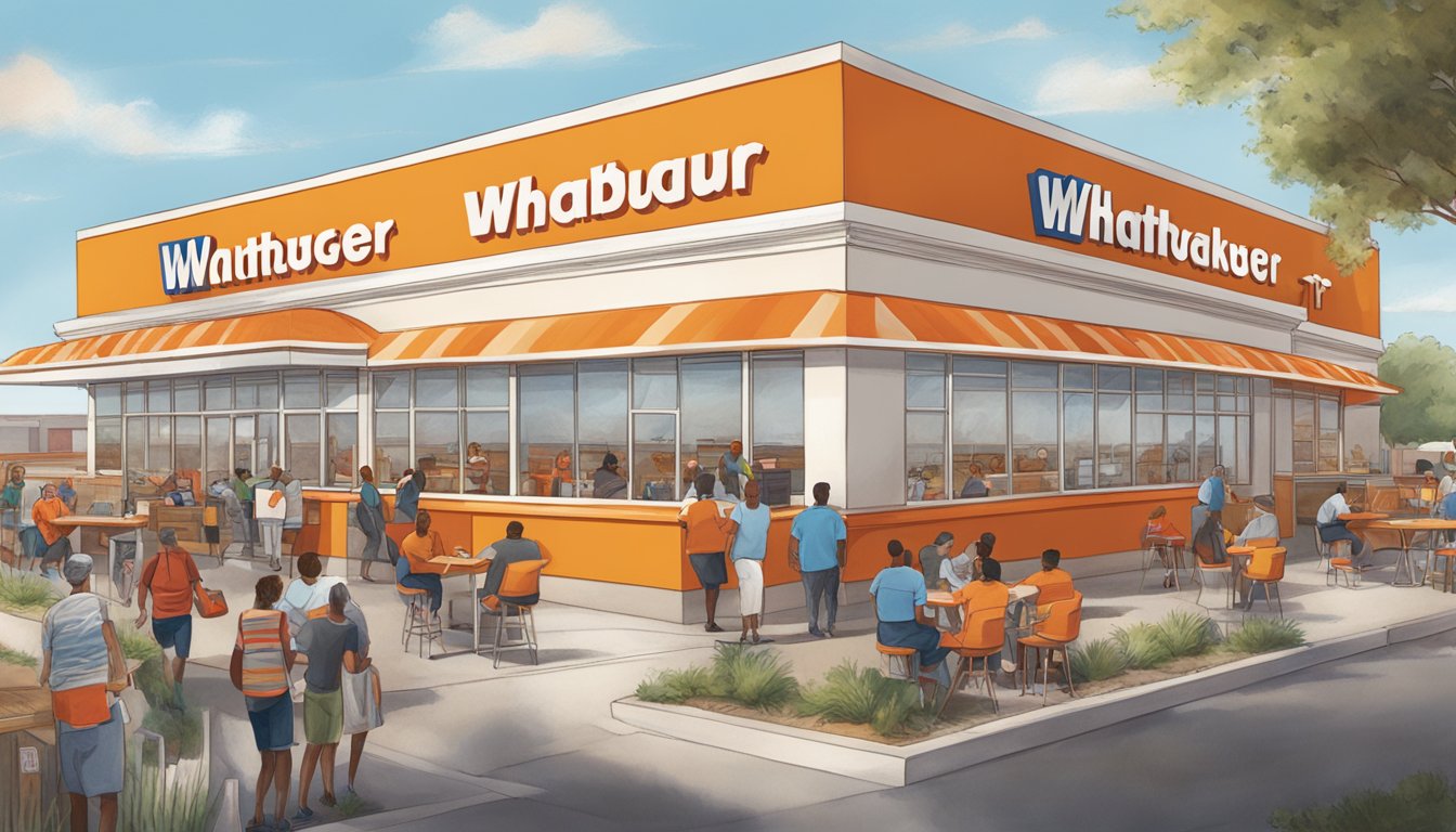 A bustling WhatABurger with diverse patrons and staff engaged in community and cultural initiatives