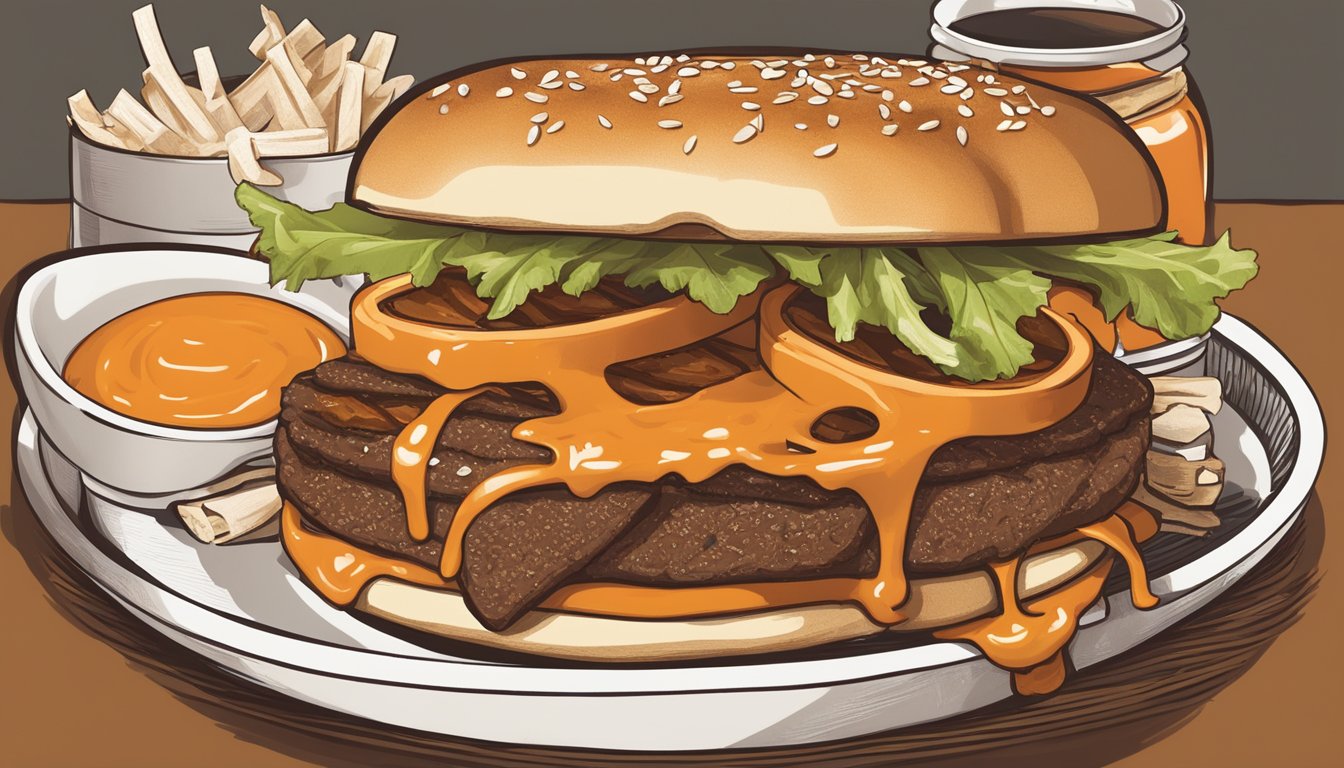 A sizzling patty melt on a grill, topped with the signature Whataburger sauce, surrounded by the key ingredients