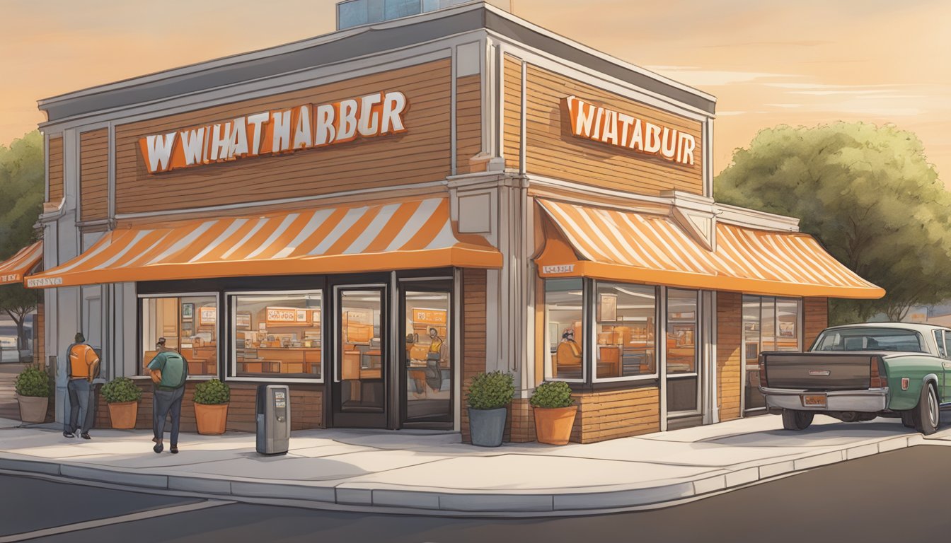 A bustling Whataburger location with a "Now Hiring" sign in the window, surrounded by a busy street and nearby businesses