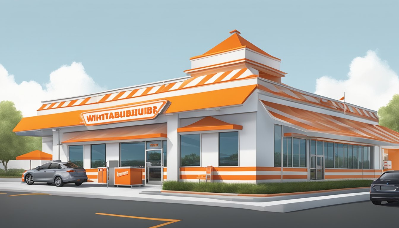 A Whataburger store with the iconic orange and white striped roof, surrounded by a parking lot and drive-thru lane, with the company's logo displayed prominently