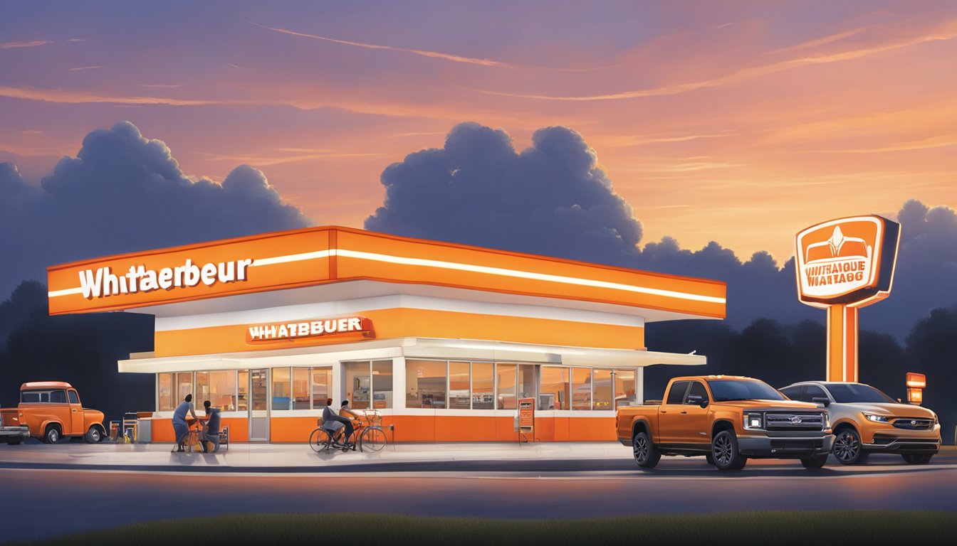 A bustling WhatABurger location at dusk, with cars in the drive-thru and customers dining inside. The iconic orange and white building stands out against the evening sky