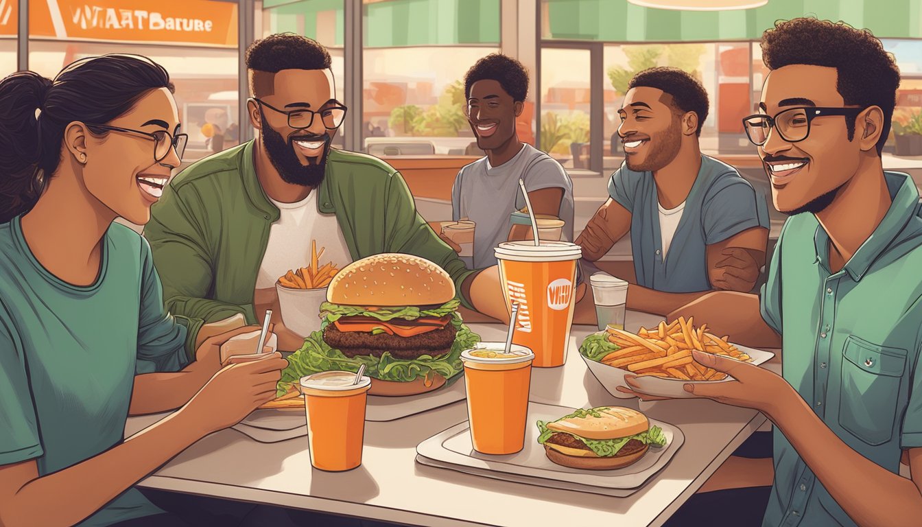 A group of friends enjoying a variety of plant-based options at a Whataburger restaurant, including a veggie burger, fries, and a salad