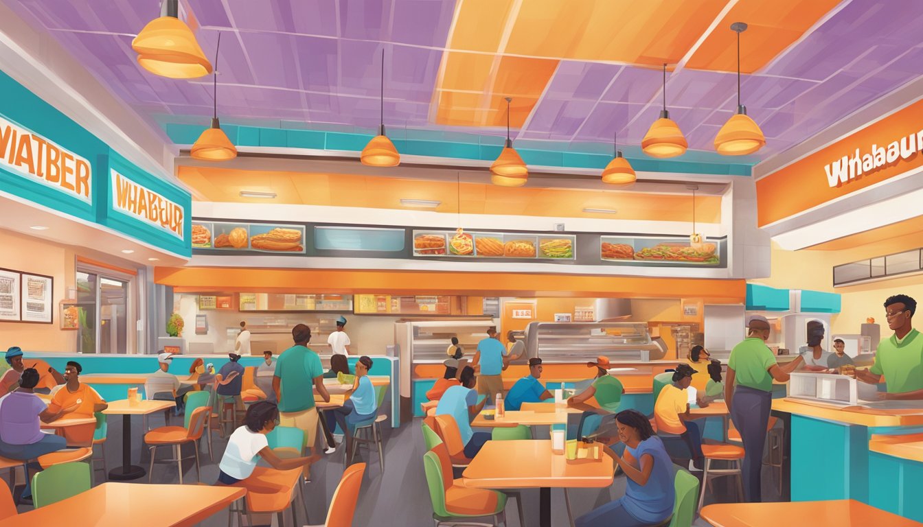 A colorful, bustling Whataburger restaurant with a diverse group of people enjoying vegan menu options