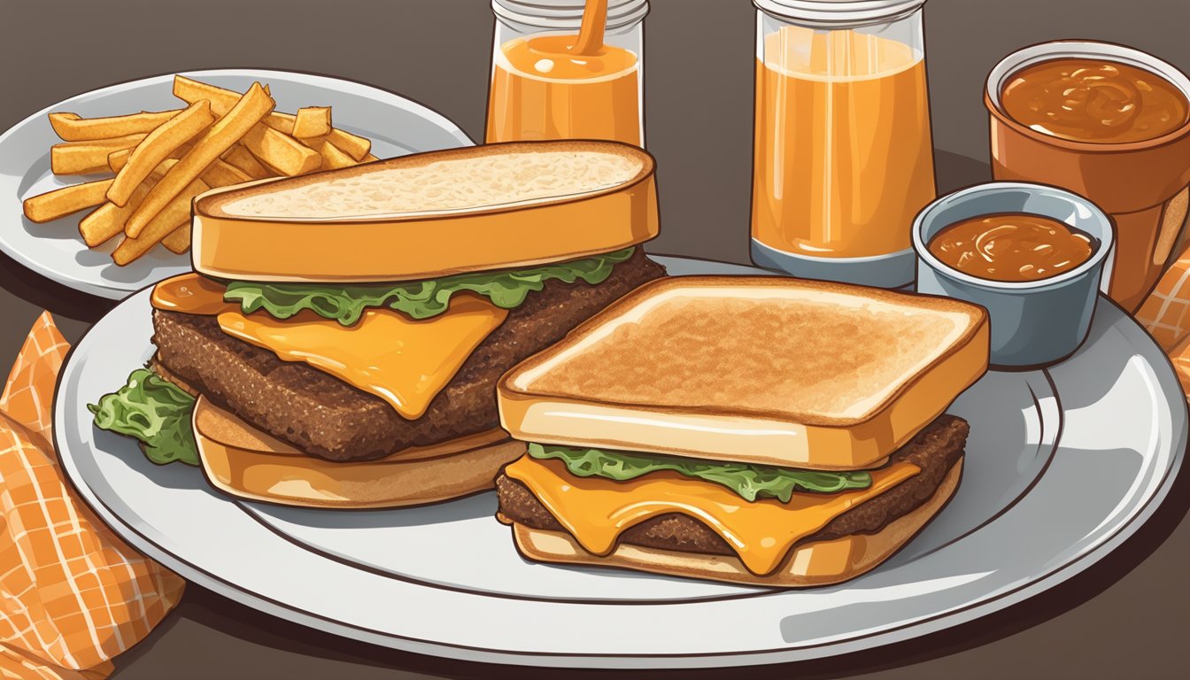 A plate with a Whataburger patty melt, accompanied by side dishes and a generous drizzle of sauce