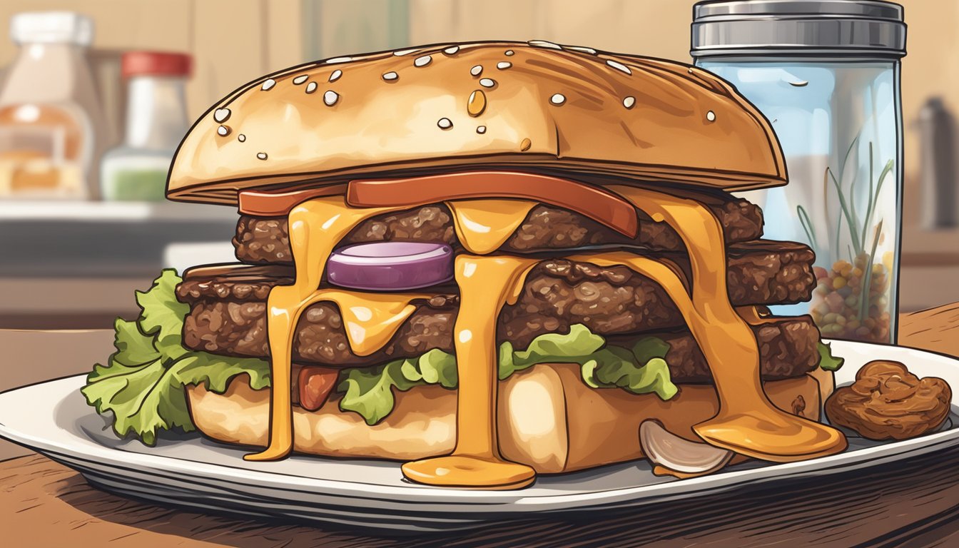 A close-up of a patty melt with sauce oozing out, surrounded by ingredients like cheese, onions, and beef patty