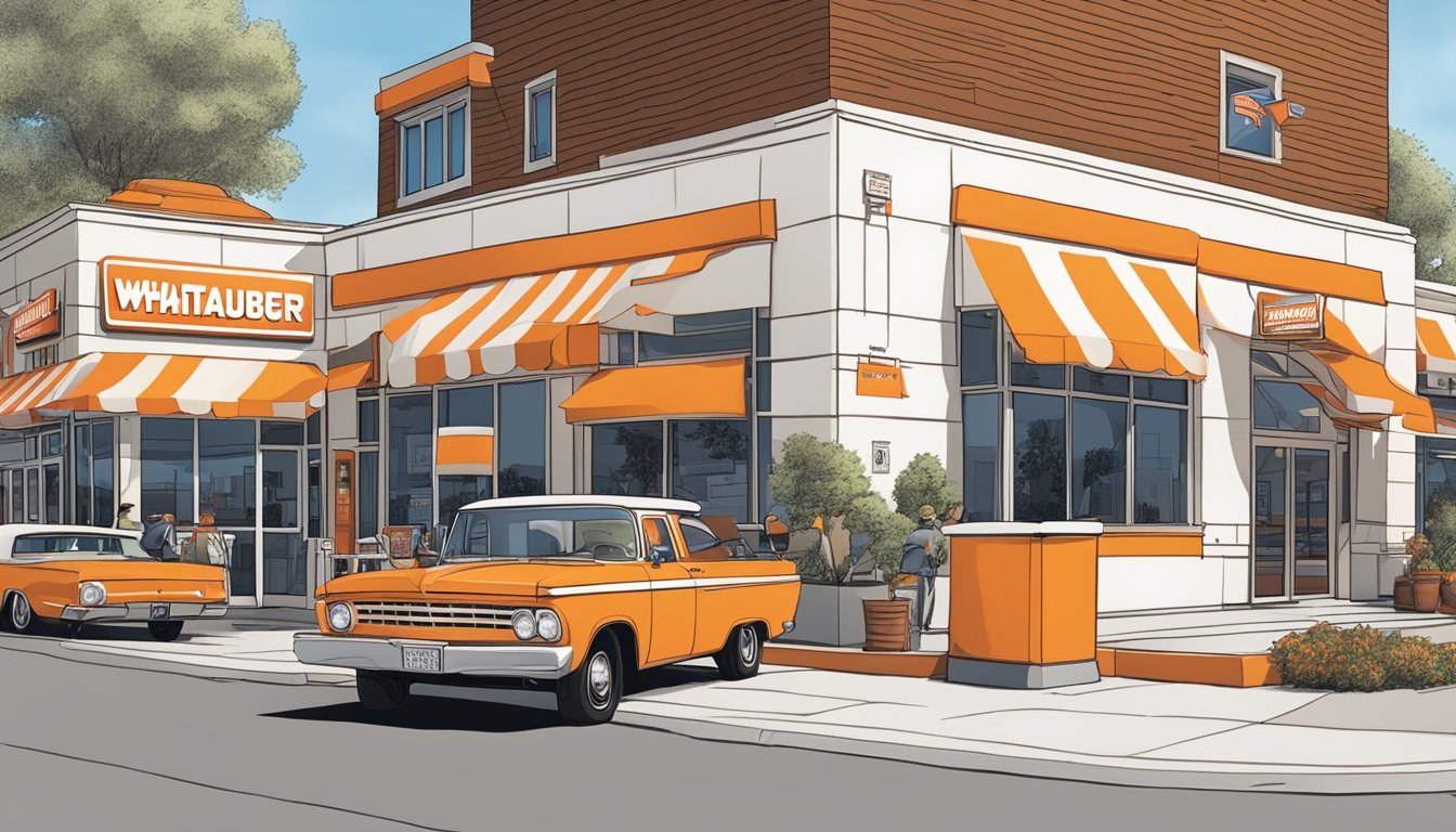 A bustling Whataburger restaurant in Denver, with the iconic orange and white striped building and the famous "Flying W" logo prominently displayed