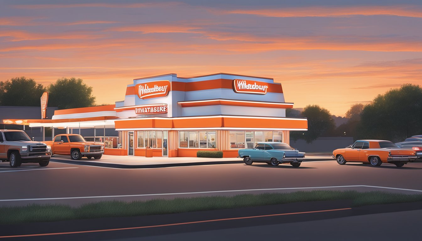 A bustling Whataburger in Conway, AR, with a classic red-and-white striped exterior, a drive-thru, and a neon sign glowing in the evening