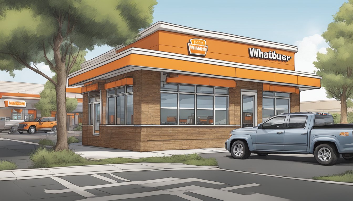 A bustling Whataburger restaurant in Denver, with a modern exterior and a drive-thru, surrounded by busy streets and neighboring businesses