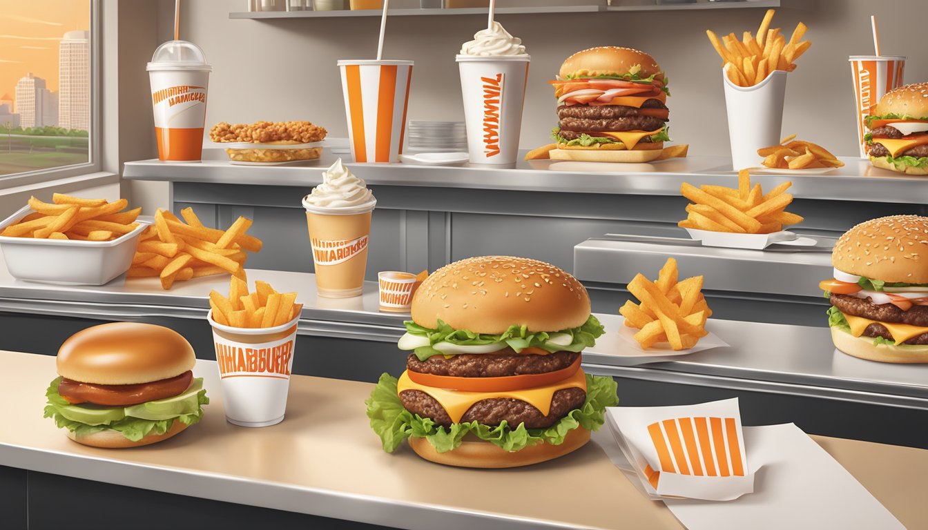 A mouth-watering spread of Whataburger menu items, including burgers, fries, shakes, and more, displayed on a clean, modern counter