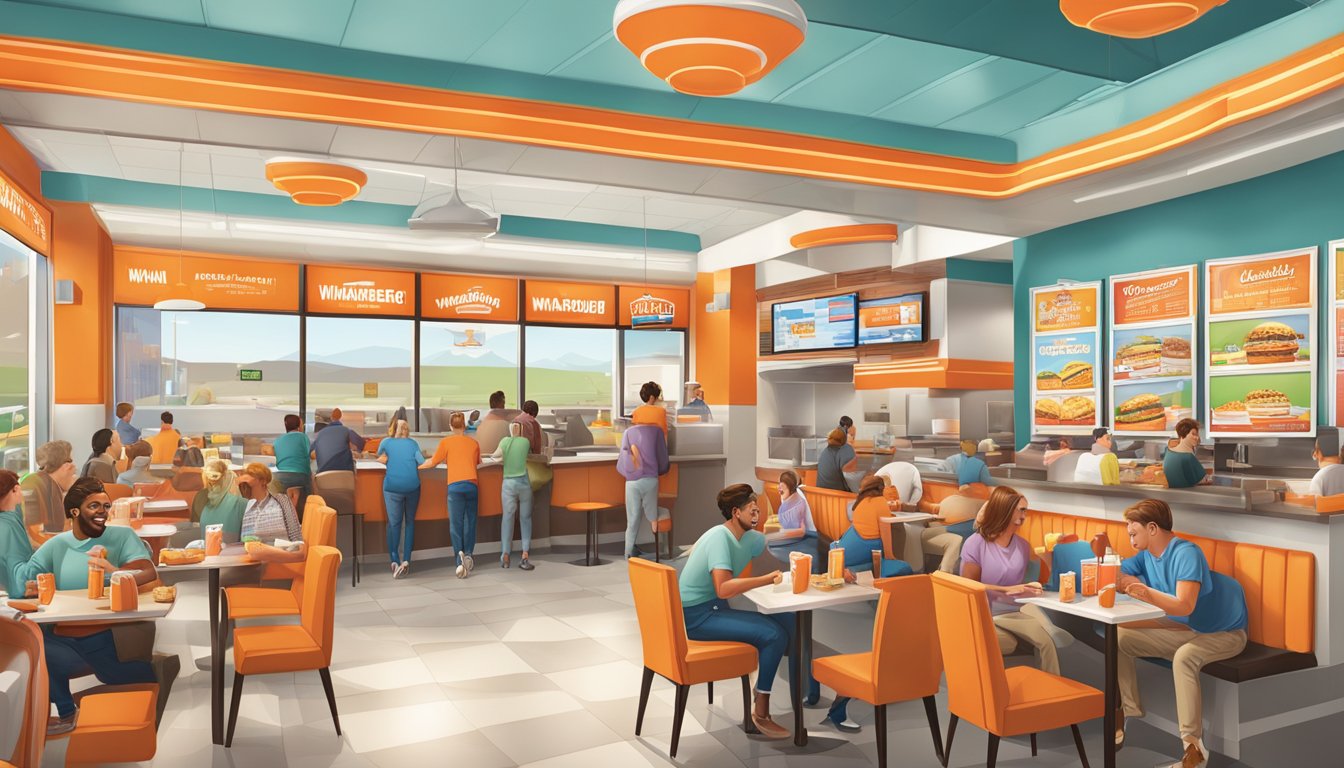 A bustling Whataburger restaurant in Denver, with colorful menu boards and patrons enjoying their dining experience