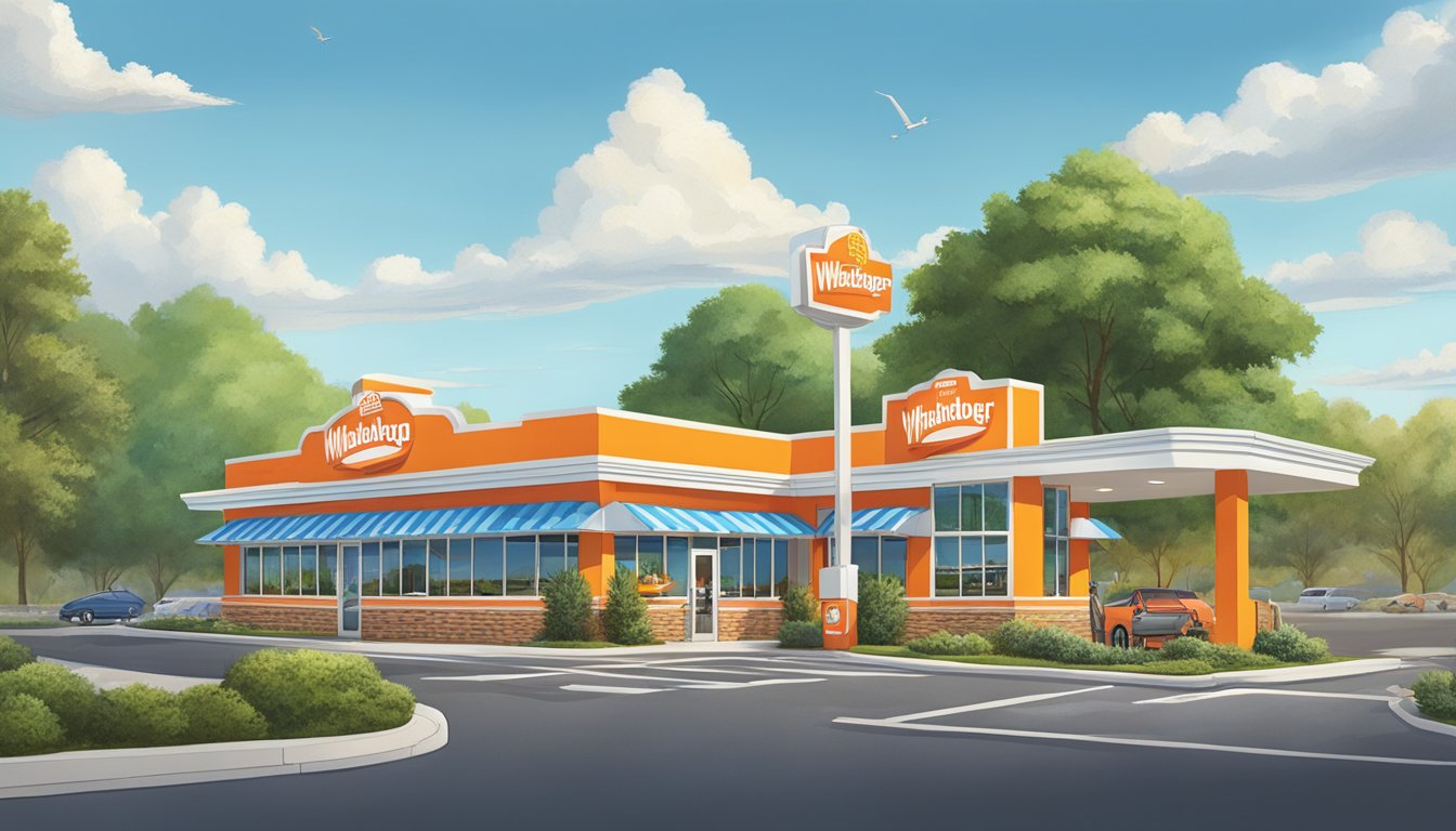 A bustling Whataburger in Conway, AR, with a vibrant sign and drive-thru, surrounded by lush greenery and a clear blue sky