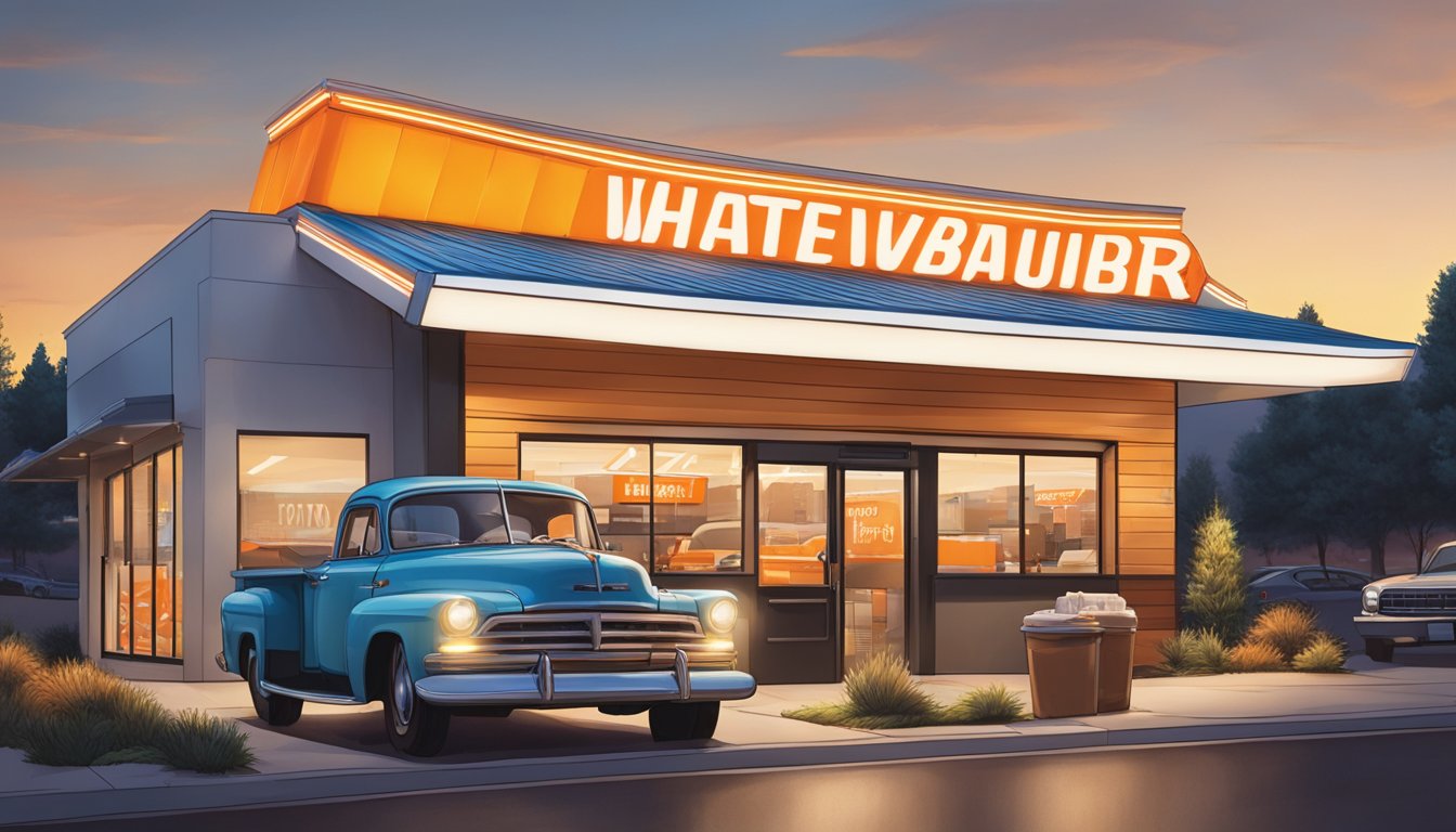 The Whataburger in Denver is open for business, with the restaurant's sign illuminated and cars in the drive-thru