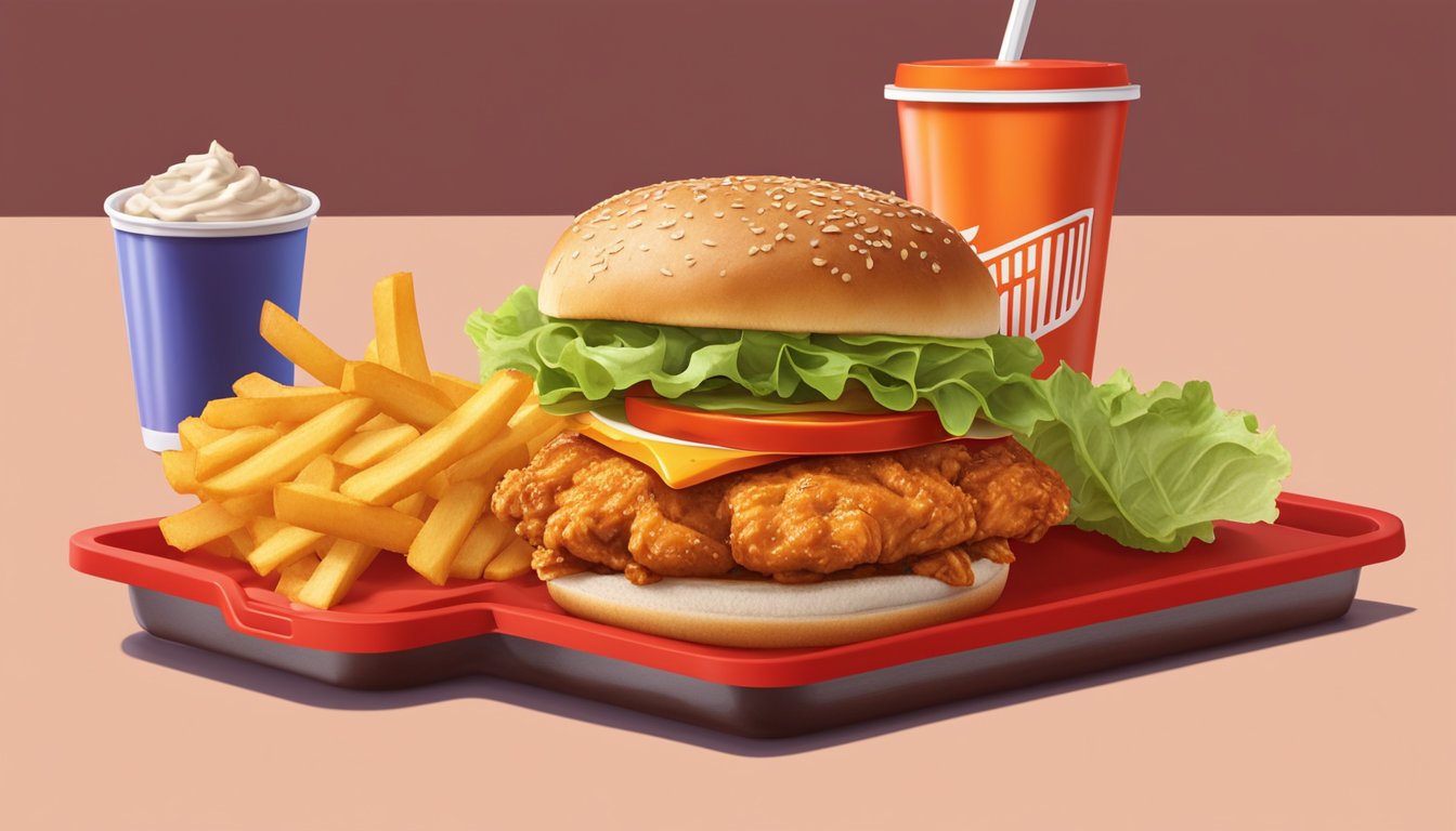 A sizzling Whataburger Spicy Chicken Sandwich being served on a toasted bun with lettuce, tomato, and a side of fries on a red tray