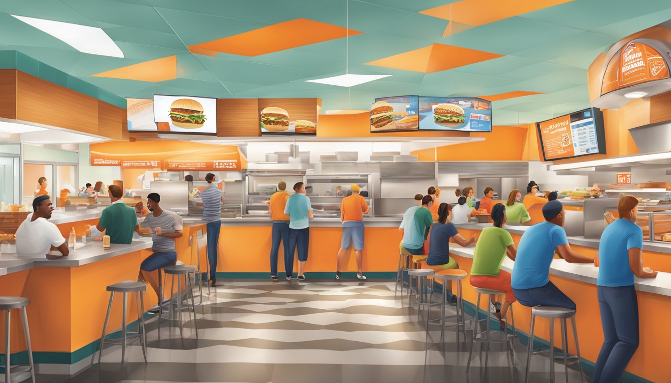 A bustling Whataburger in Denver with customers enjoying their meals, staff serving food, and a lively atmosphere of community engagement