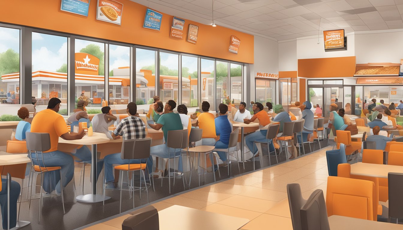 A bustling Whataburger restaurant in Conway, AR, with people enjoying their meals and engaging with the community