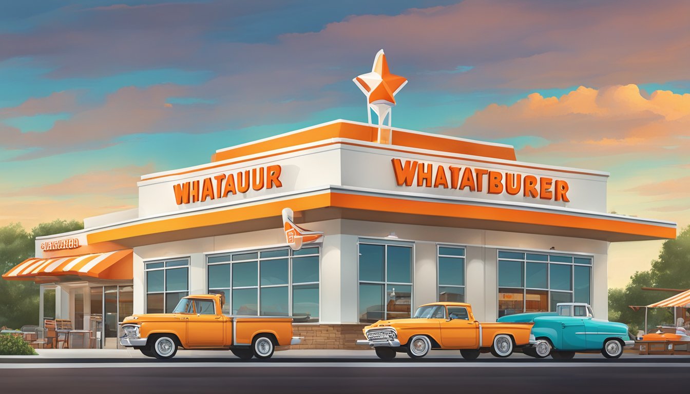 A bustling Whataburger restaurant in Conway, AR, with a drive-thru, outdoor seating, and a colorful, retro-inspired building design