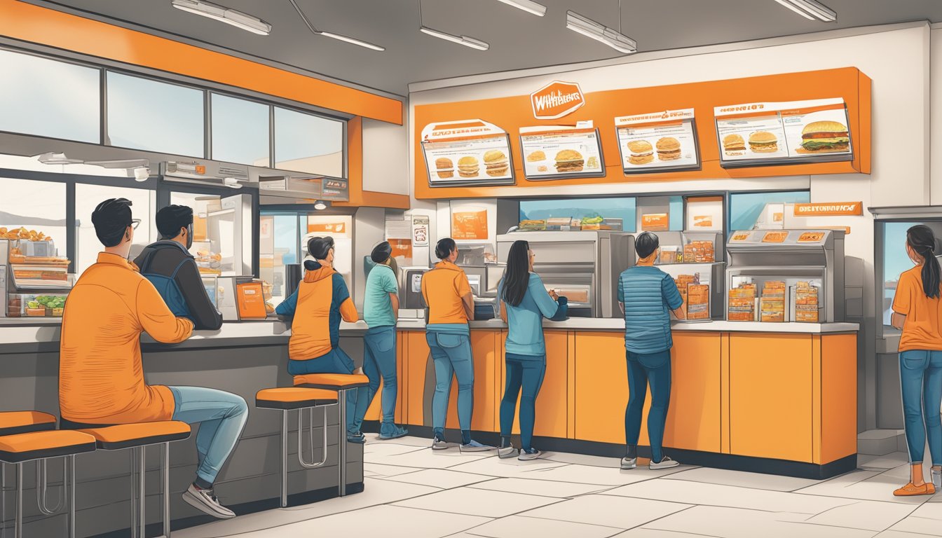 Customers ordering at a Whataburger in Denver, with a rewards program sign displayed prominently