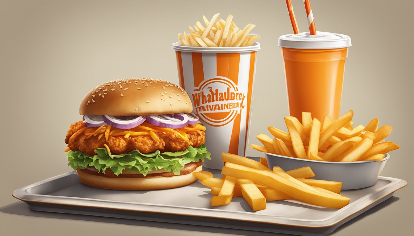 A mouth-watering Whataburger Spicy Chicken Sandwich surrounded by fries and a drink on a tray