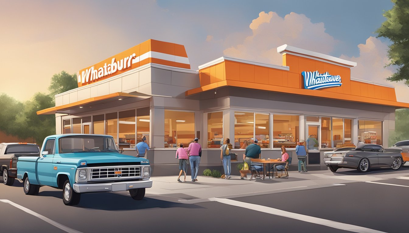 A bustling Whataburger restaurant in Conway, AR, with a drive-thru and outdoor seating, surrounded by nearby shops and a busy parking lot