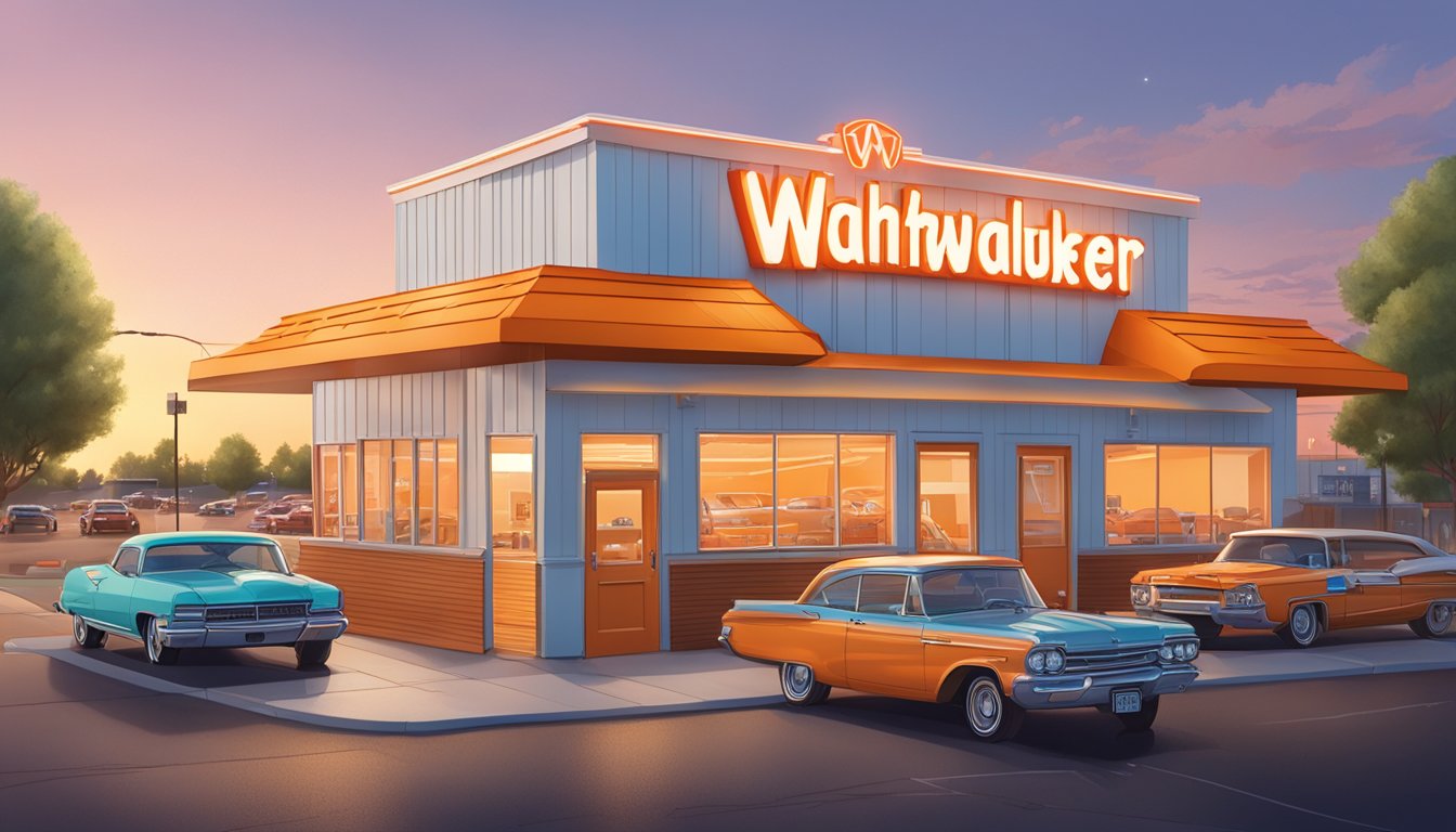 A bustling Whataburger restaurant in Denver, with a drive-thru line of cars and a welcoming neon sign