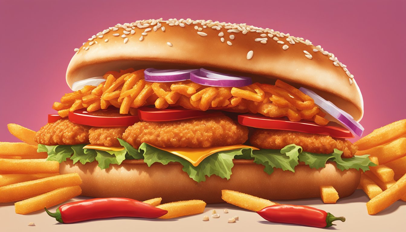 A sizzling Whataburger spicy chicken sandwich on a sesame seed bun, surrounded by a halo of fiery red chilies and golden fries