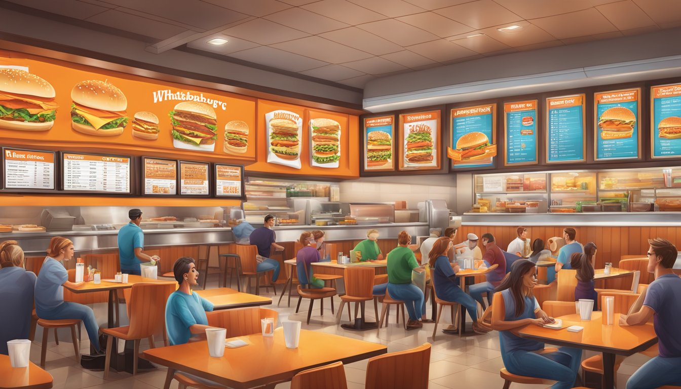 A colorful menu board with Whataburger's highlights displayed in a busy restaurant