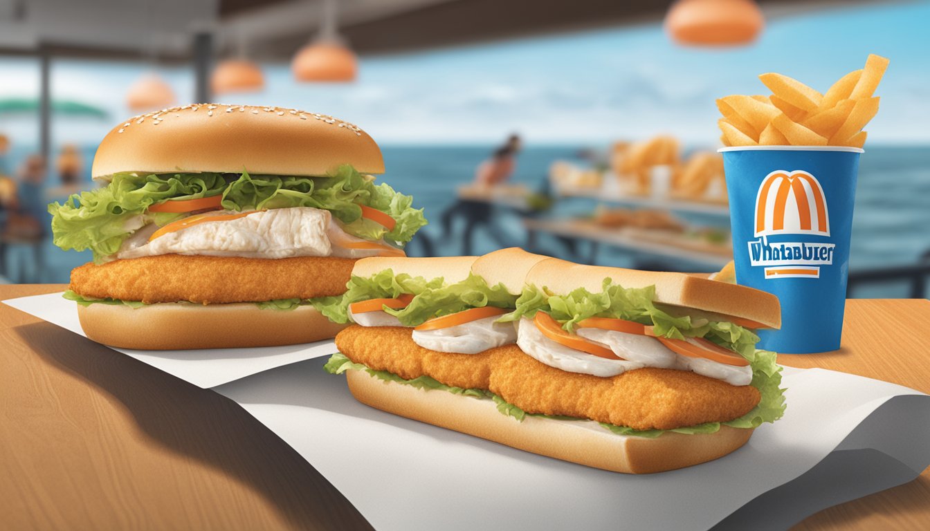 A mouth-watering fish sandwich displayed with promotional signage at Whataburger