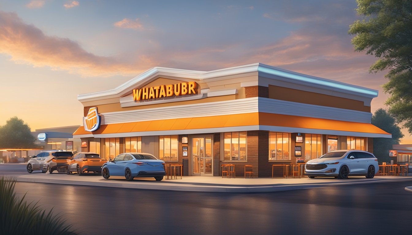 The Whataburger in Joplin is open for business, with cars lined up at the drive-thru and customers dining inside the brightly lit restaurant