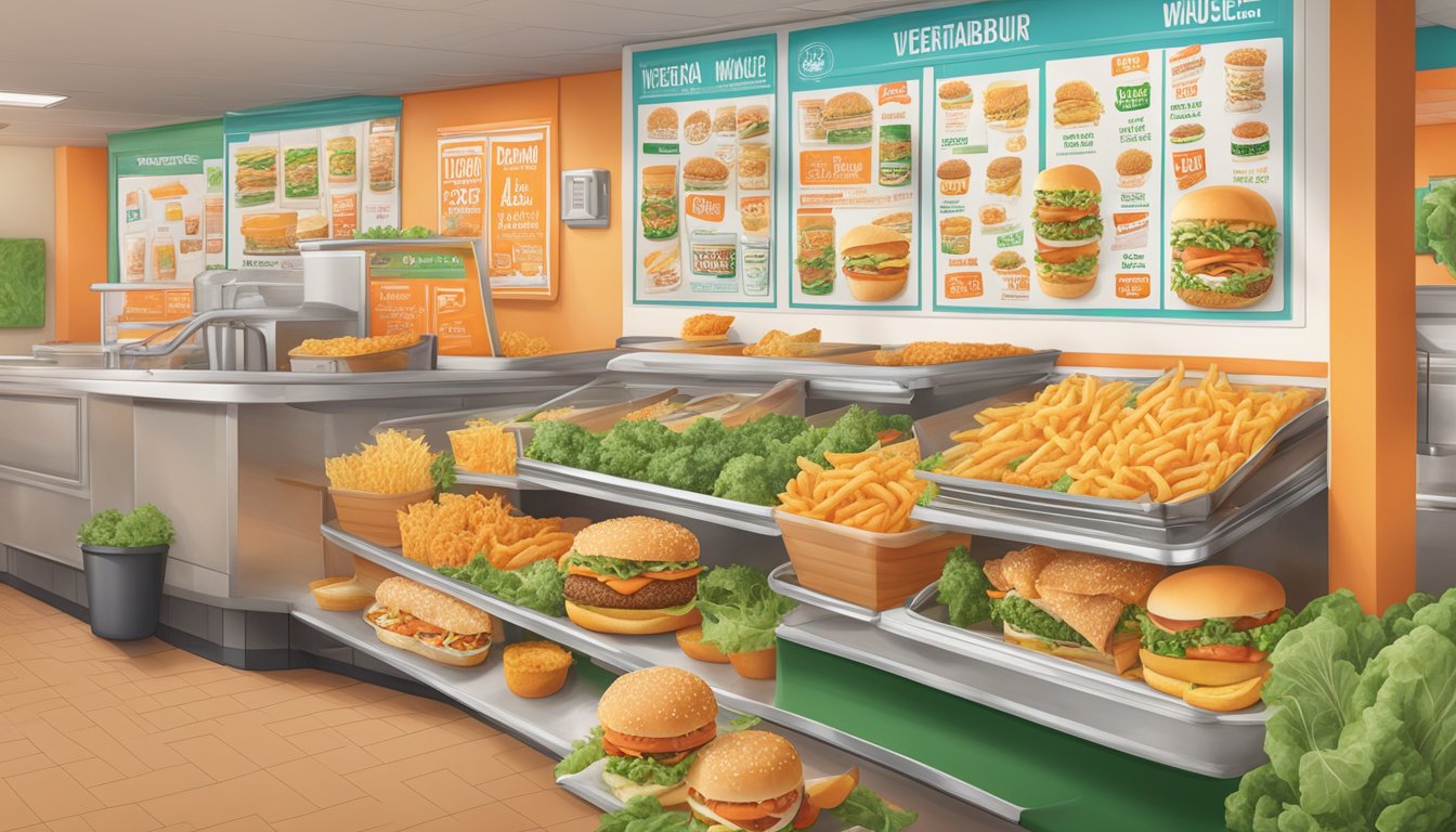 A colorful menu board displays various vegetarian options at Whataburger