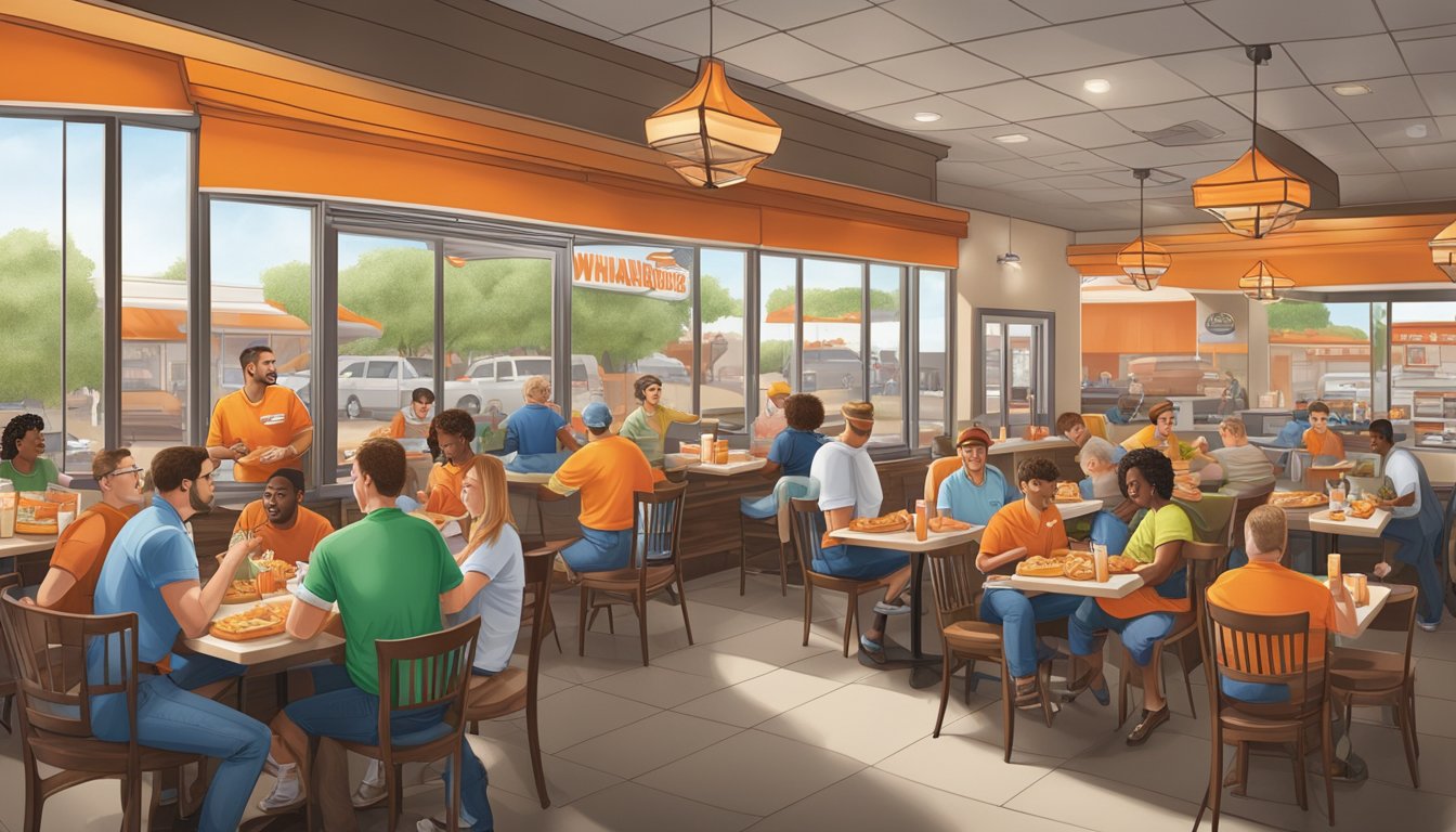 A bustling Whataburger restaurant in Joplin, filled with satisfied customers enjoying their meals and friendly staff providing exceptional service