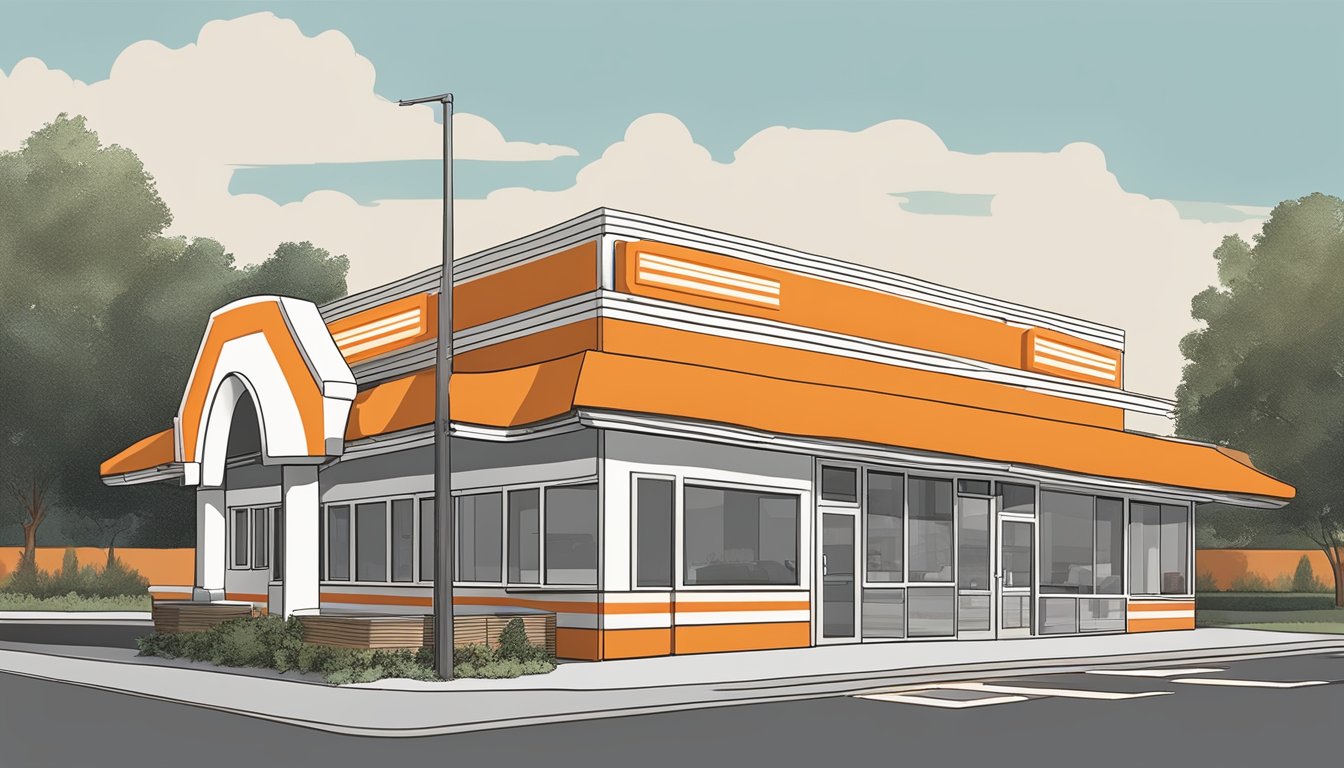 A Whataburger restaurant in Missouri, with the iconic orange and white striped building and a drive-thru