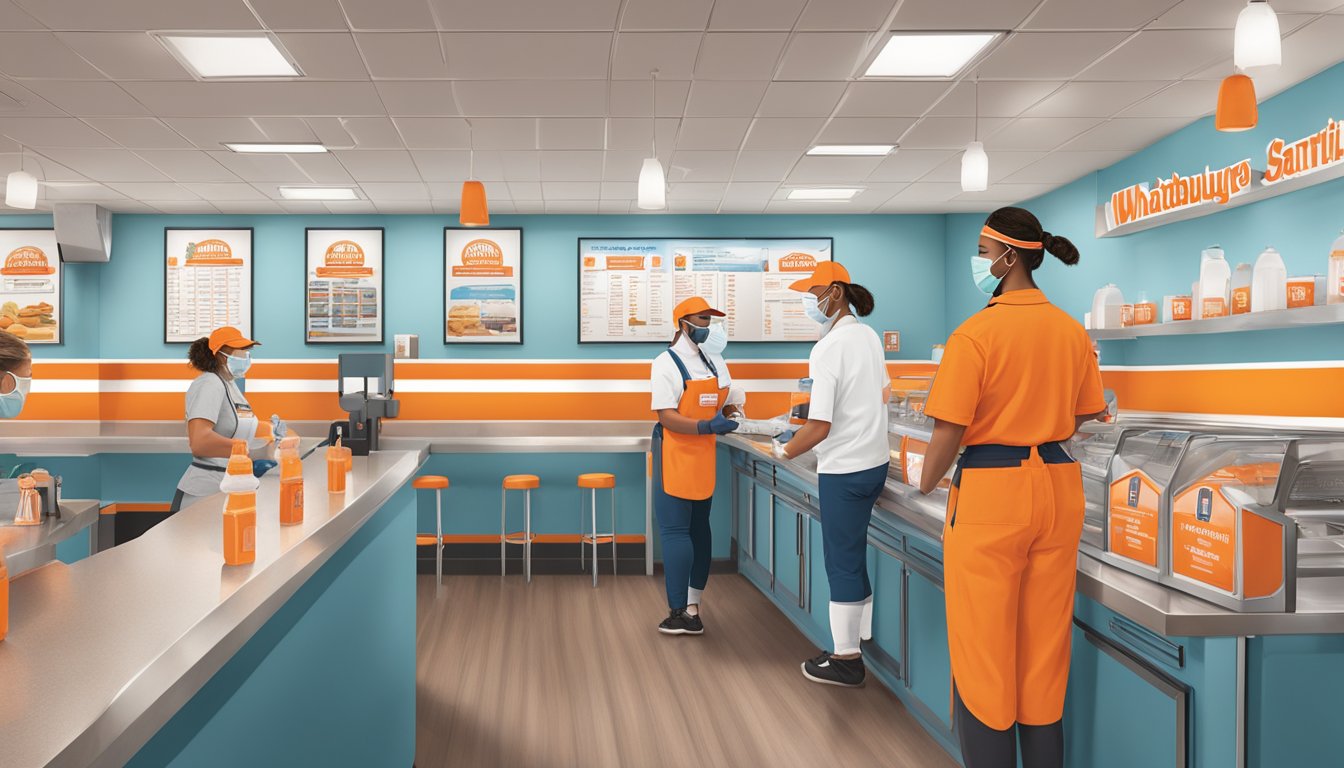 A Whataburger restaurant in Joplin, with employees wearing masks and gloves, hand sanitizer stations, and signs outlining health and safety guidelines