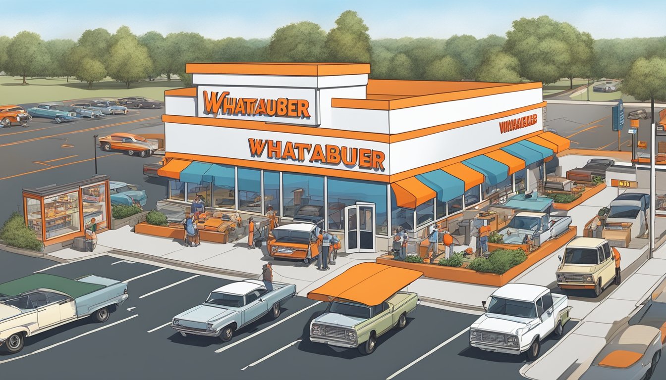 A bustling Whataburger restaurant nestled in a busy Missouri town, surrounded by cars in the drive-thru and customers dining inside