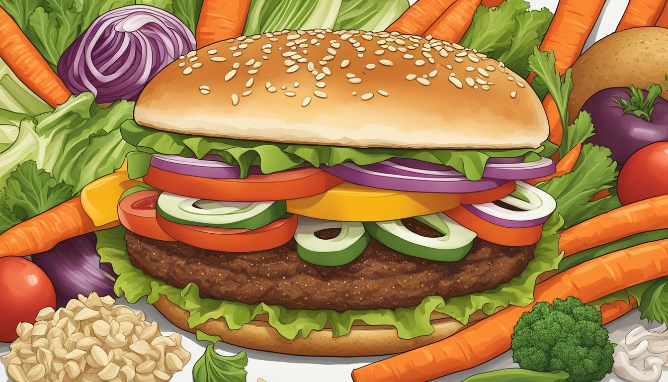 A colorful array of fresh vegetables and flavorful toppings surround a Whataburger vegetarian patty, creating a mouthwatering and visually appealing meal