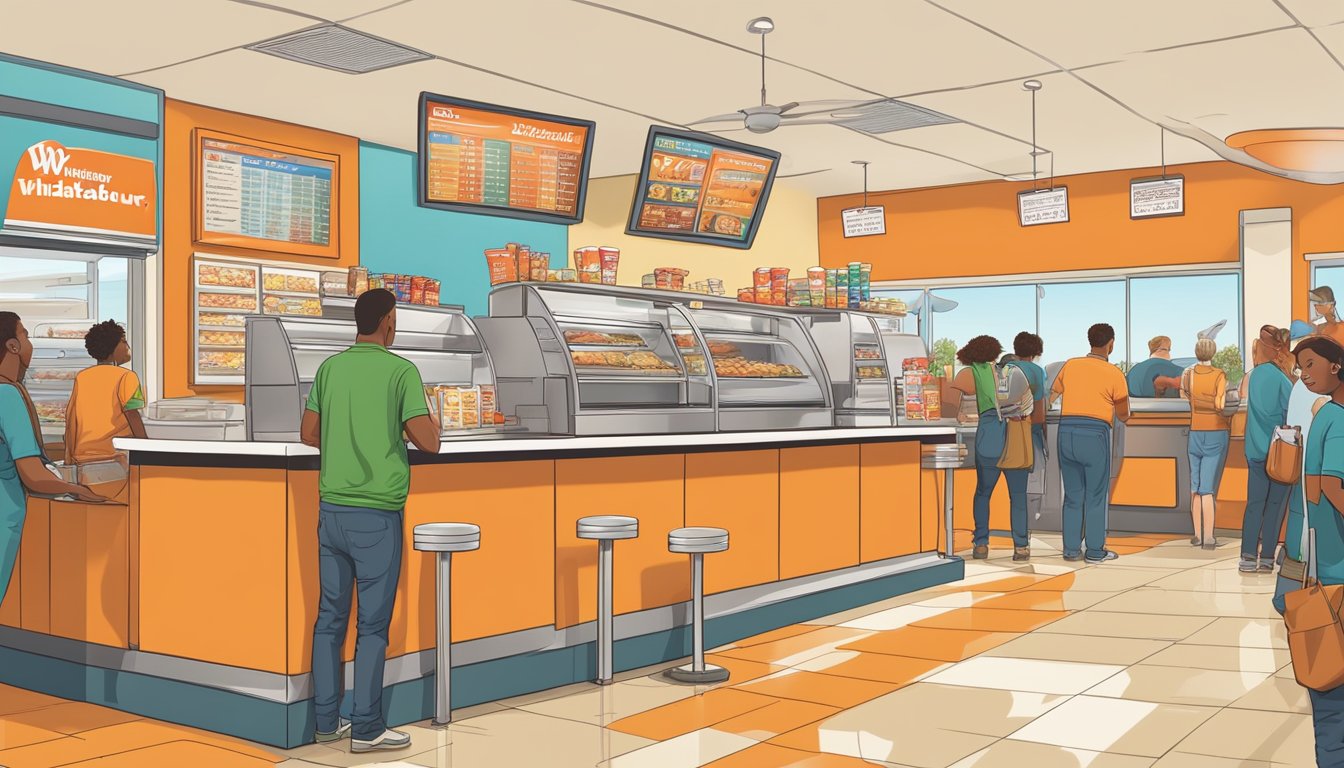 A bustling Whataburger in Missouri with a colorful menu board and popular items displayed. Customers line up at the counter