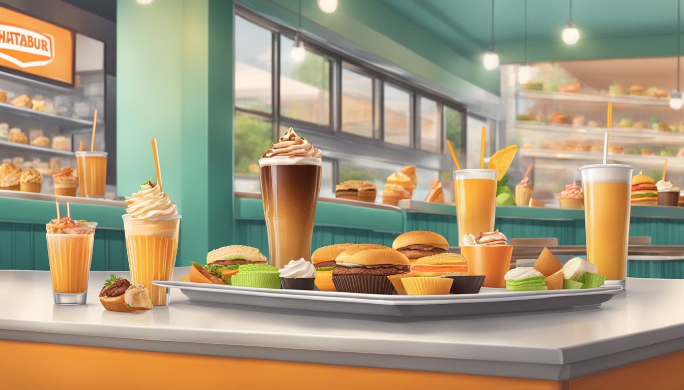 A table set with a variety of vegetarian desserts and beverages at a Whataburger restaurant