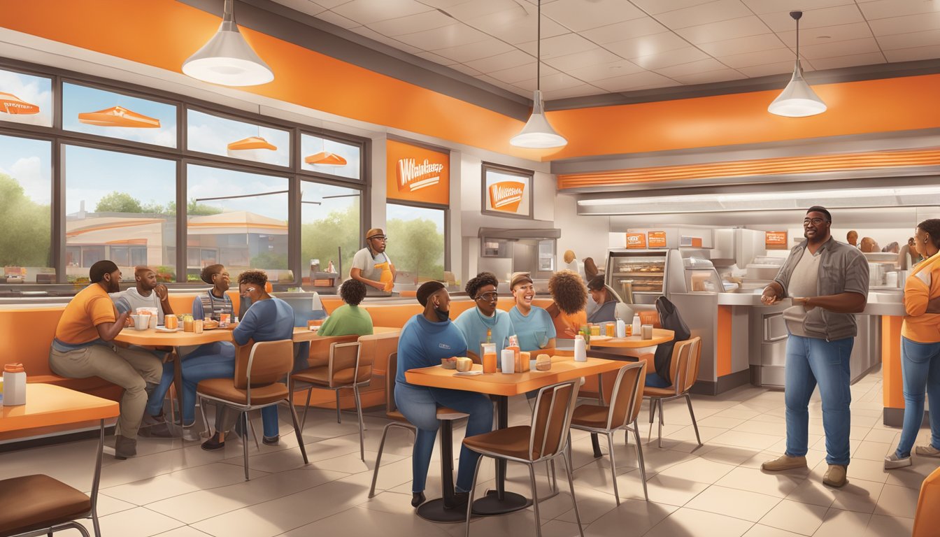 A bustling WhatABurger restaurant in Missouri with customers enjoying their meals, employees serving food, and a sense of community engagement and contributions